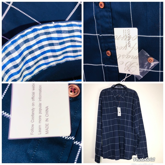 COOFANDY Men's Navy Blue Window Pane Button Down Shirt ~Sz XXXL - Picture 11 of 15